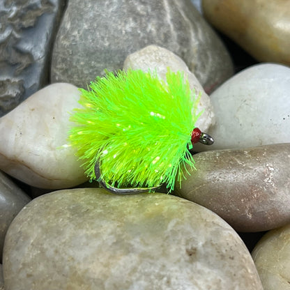 15mm Fritz Hank 30m – Chartreuse tied as a blob fly on a hook